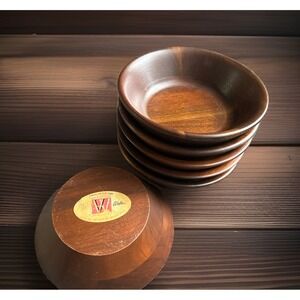 Vintage 1970s  Vermillion Real Walnut Salad Bowls 6" Set Of Six MCM USA